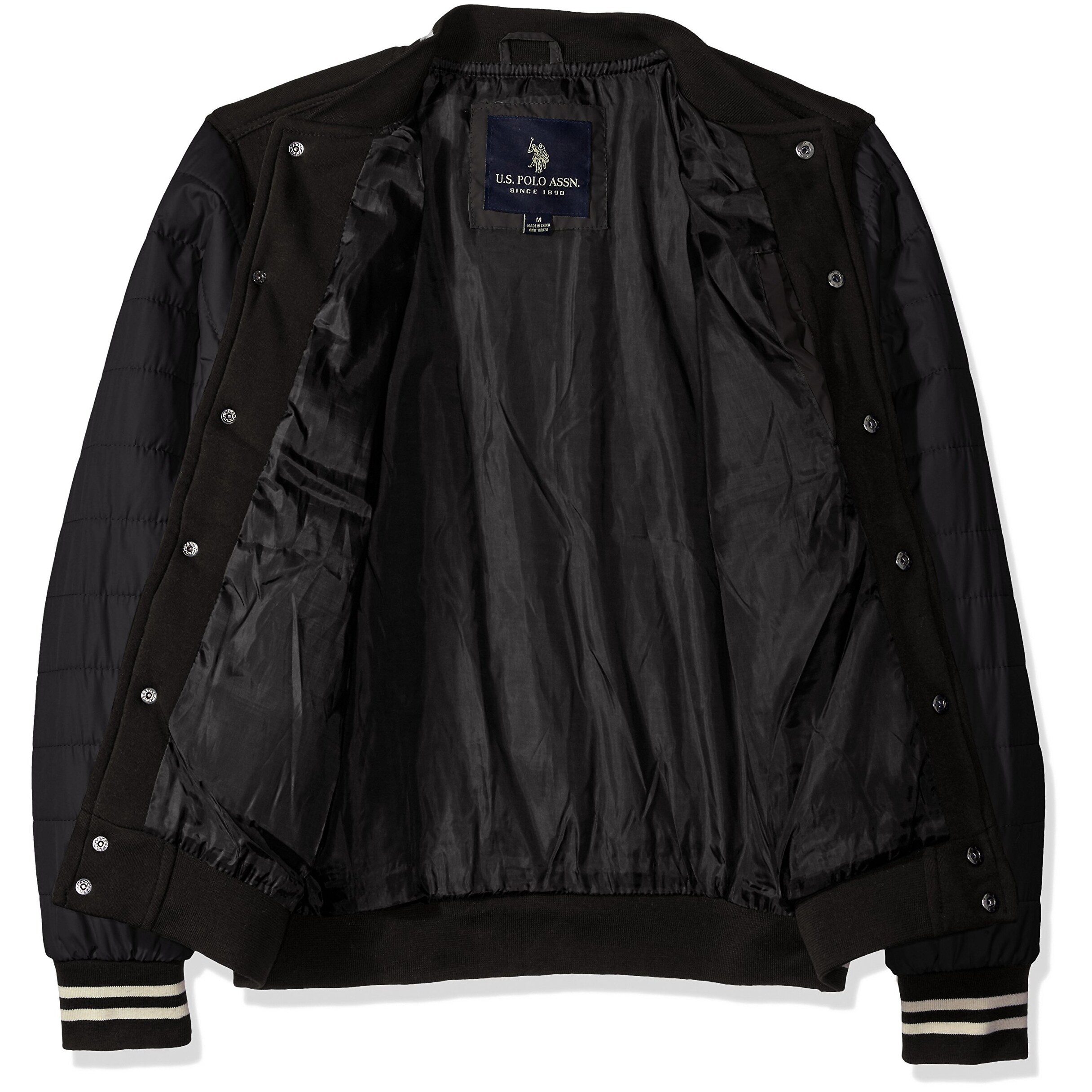 Men/'s Varsity Baseball Jacket Black Fleece With White Leather Sleeves Jacket