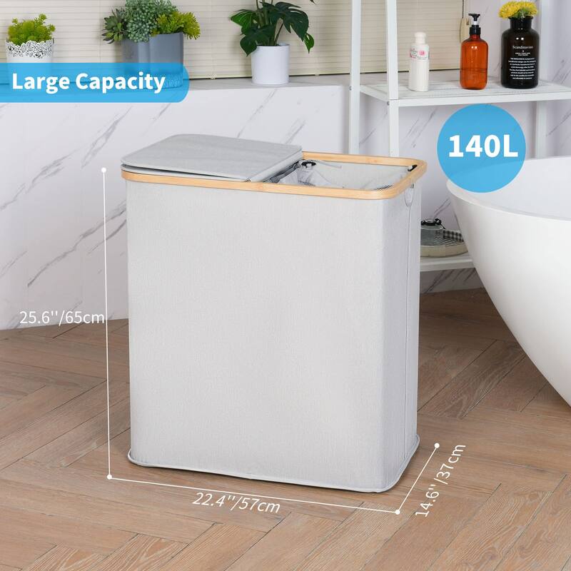 Double Laundry Hamper with Lid, Divided Laundry Hamper with Removable Bags, 2 Section Dirty Clothes Basket with Handles