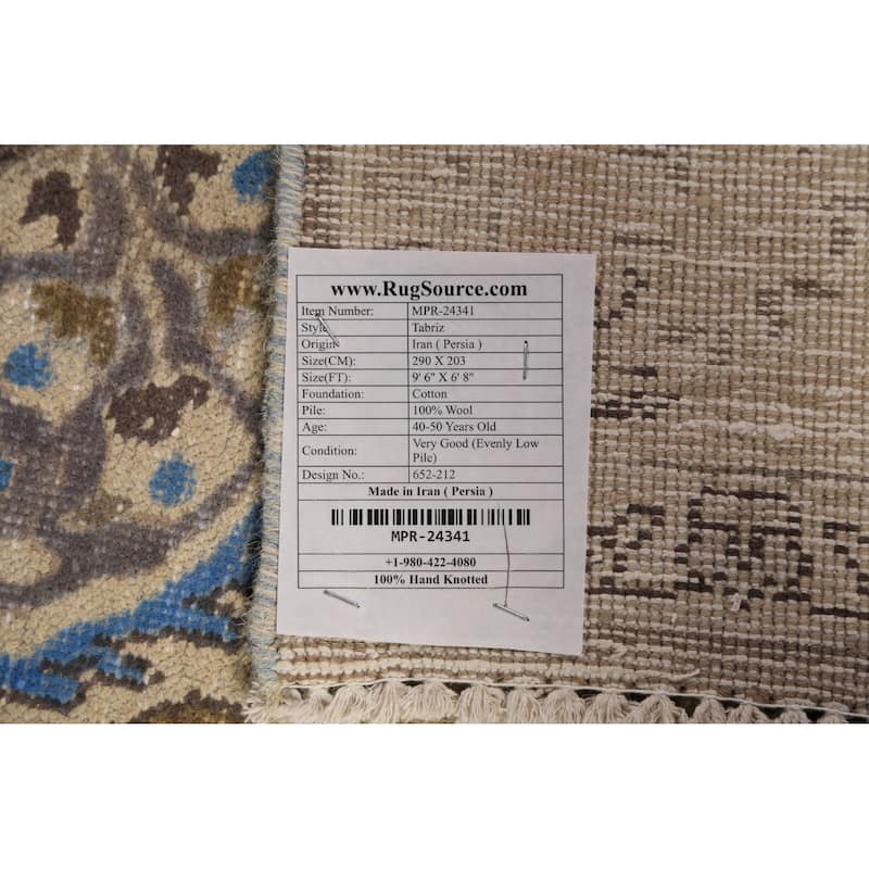 Floral Tabriz Persian Area Rug Beige Hand-Knotted Wool Carpet - 6'8"x 9'6"