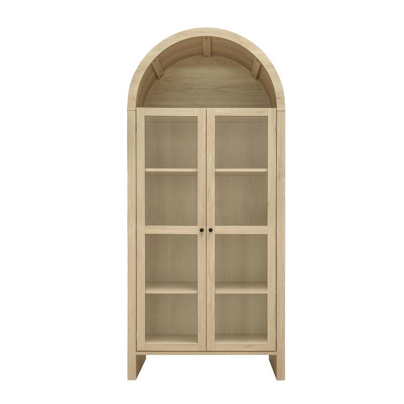 Roomfitters 70.28" Tall Arched Kitchen Pantry Cabinet, Modern Farmhouse Storage Cabinet with Glass Doors, Natural