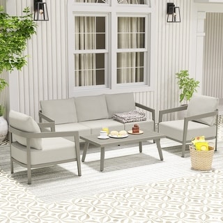 EGEIROS LIFE NovaRest 4-Piece Aluminum Wicker Patio Conversation Set with 3-Seat Sofa, Coffee Table and Gray Cushions