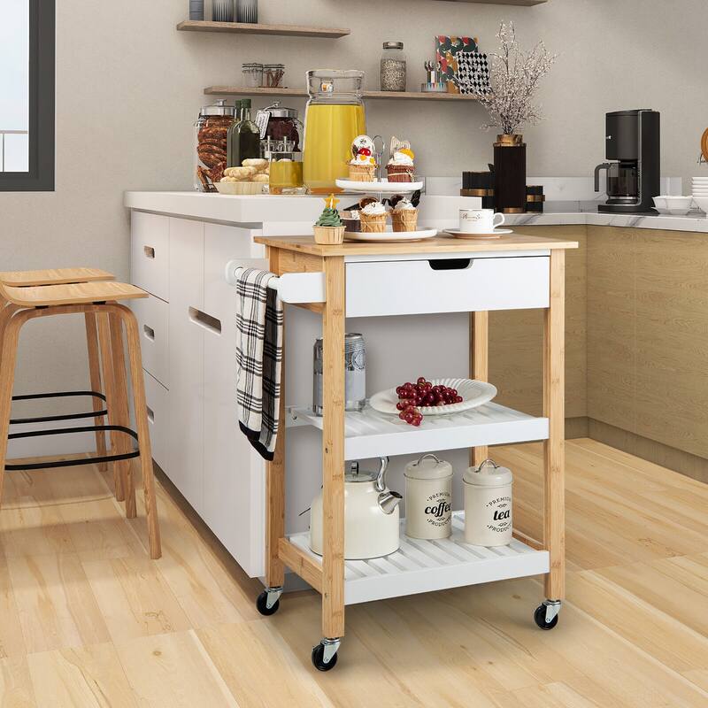 Gymax 3-Tier Kitchen Island Cart Rolling Service Trolley w/ Bamboo Top
