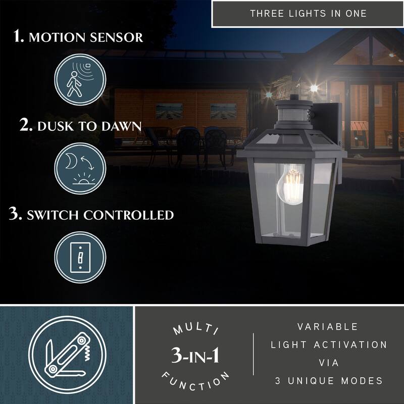 VAXCEL Hanover Park Black Motion Sensor Dusk to Dawn Outdoor Wall Sconce Light Fixture Clear Glass Shade, LED Compatible