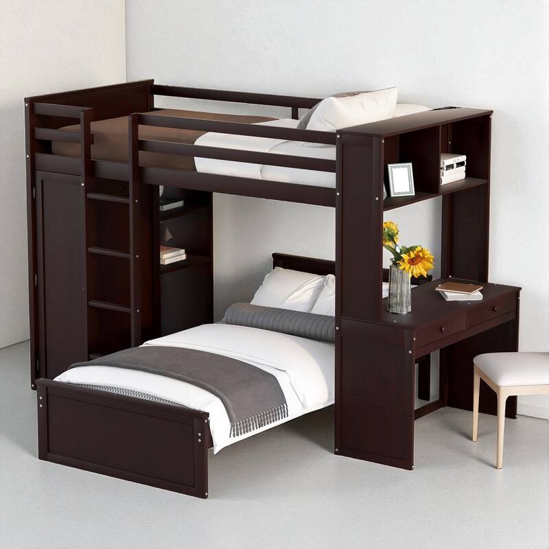 Twin/Full Loft Bed with Stand-Alone Bed, Desk, Shelves & Wardrobe, Wooden Frame with Storage and Guardrail
