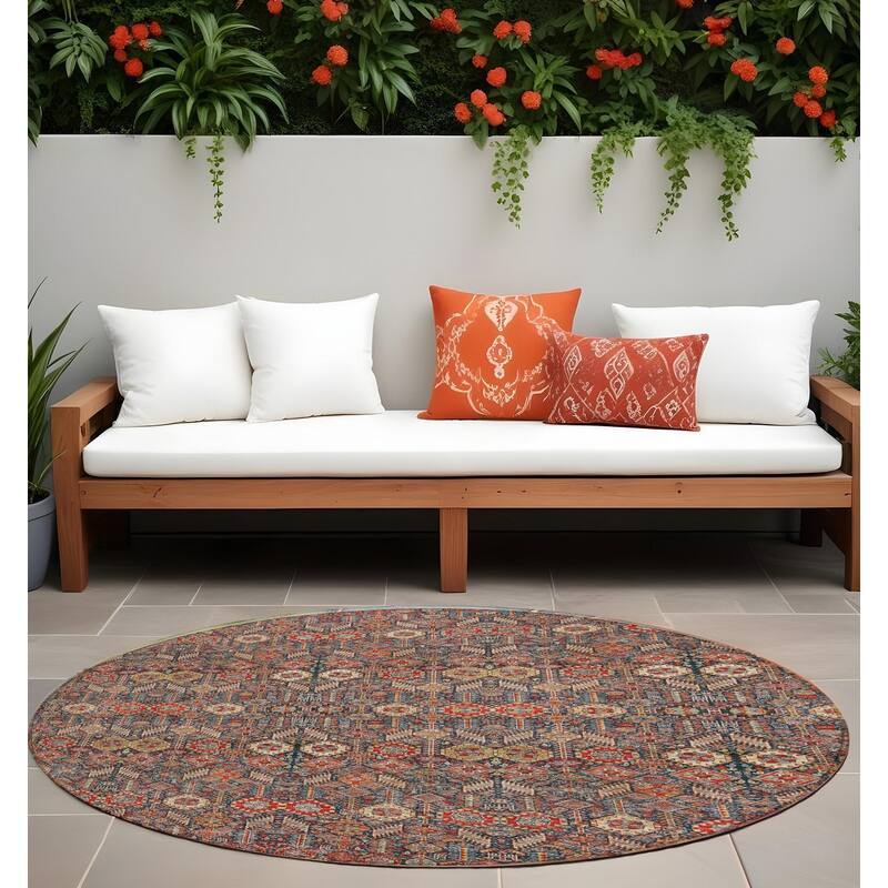 Paro Botanic Elegance Weather Resistant Classic Meets Modern Outdoor Rug - 8' Round - Red/Blue