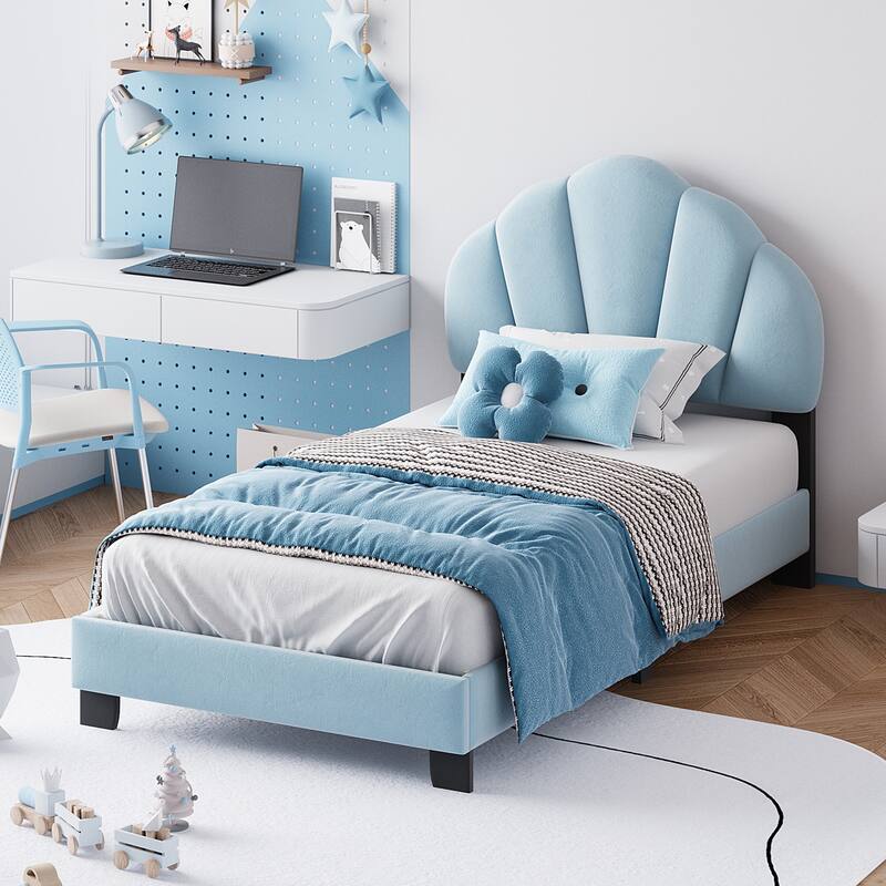 Kids Shell Twin Bed Frame Upholstered Low Profile Platform Bed Slats Supports Child Comfortable Sleep Velvet Bed Frame - Blue