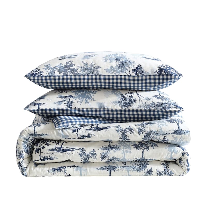 Eddie Bauer Vintage Forest Toile Cotton Reversible Blue Comforter Set