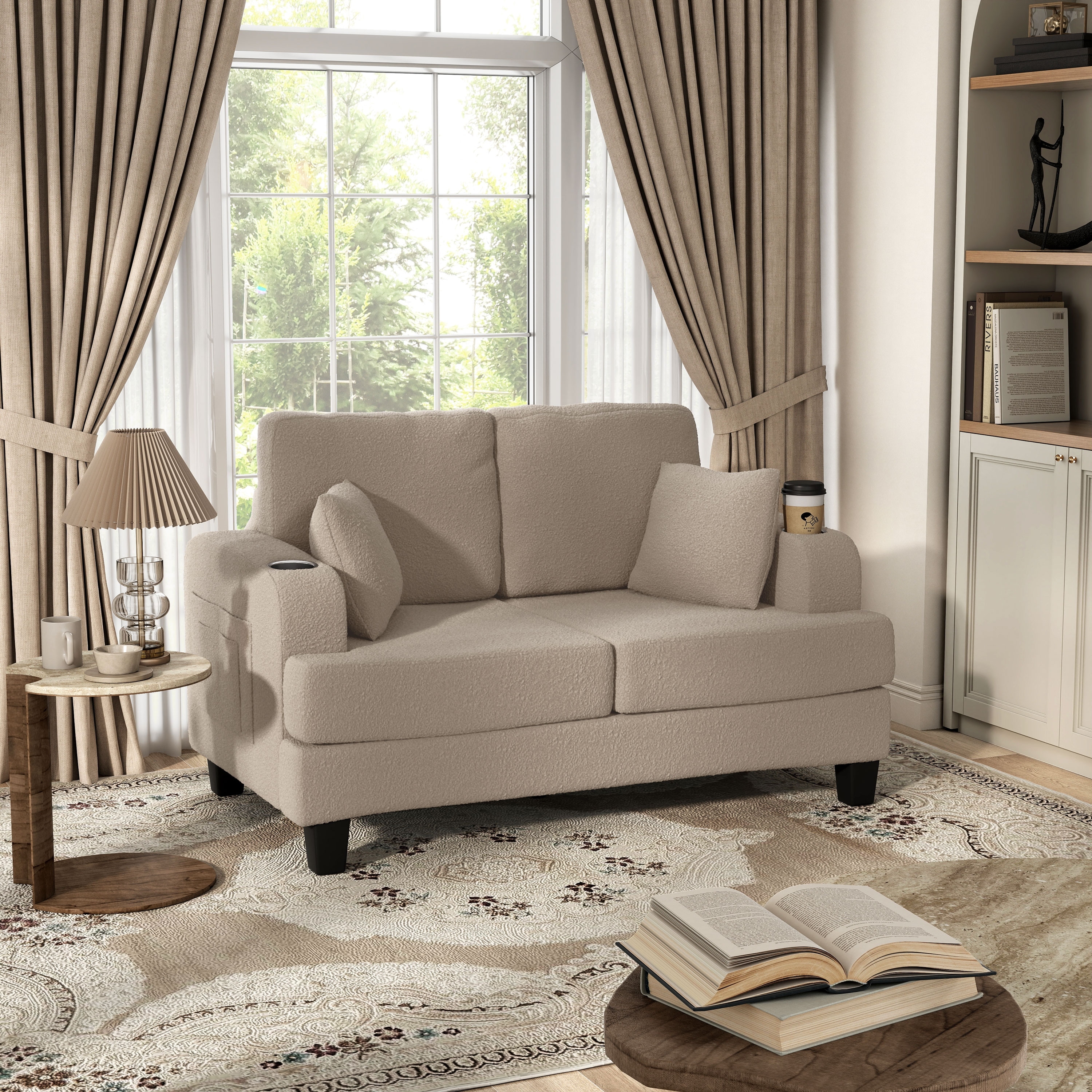 Furniture of America Xenia Modern Boucle Loveseat with Cup Holders