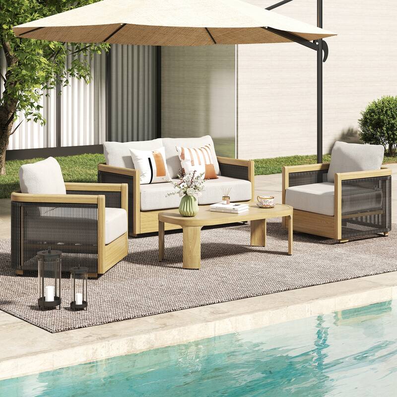 Overture 4-Piece Natural Wood Grain Aluminum Hand-Woven Rope Patio Conversation Set with Beige Cushions and Coffee Table