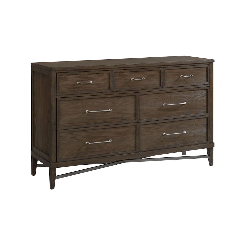 Preston 66" Wide Bedroom Dresser with 7 Drawers, Weathered Vintage Oak