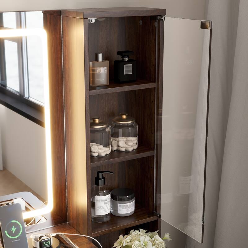 43.5-Inch Fluted Makeup Vanity Desk with Mirror & Lights, Modern Glass Top Table with 10 Drawers & Stool