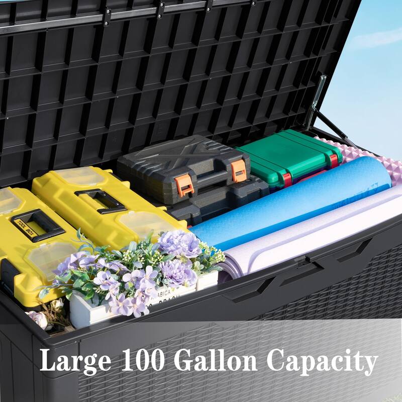 100 Gallon Resin Deck Box Large Outdoor Storage Boxes with Cushions for Garden Tools, Patio Furniture Pillows, Pool Supplies