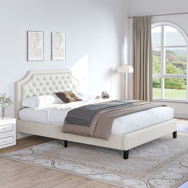 Moasis Button Tufted Linen Upholstered Platform Bed with Adjustable Headboard On Sale Bed Bath Beyond 40411215