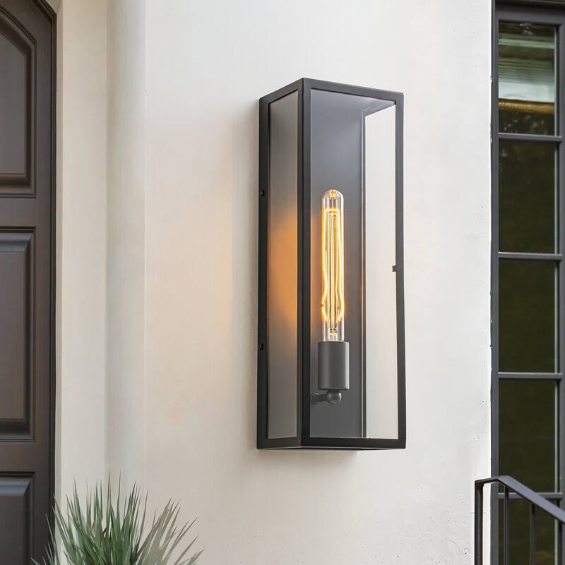1-Light Matte Black Rectangular Iron & Glass IP44 Outdoor Wall Sconce for Patio - 1 Lighgt - 1 Lighgt - Black