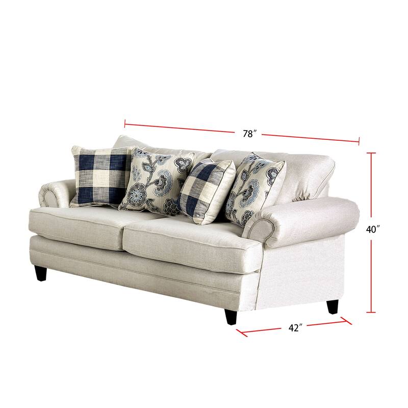 2 Piece Linen-like Fabric and Wood Sofa Set in Ivory Finish