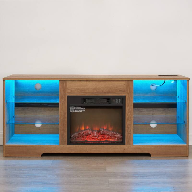 TV Stand Electric Fireplace TV Stand with Glass Shelves
