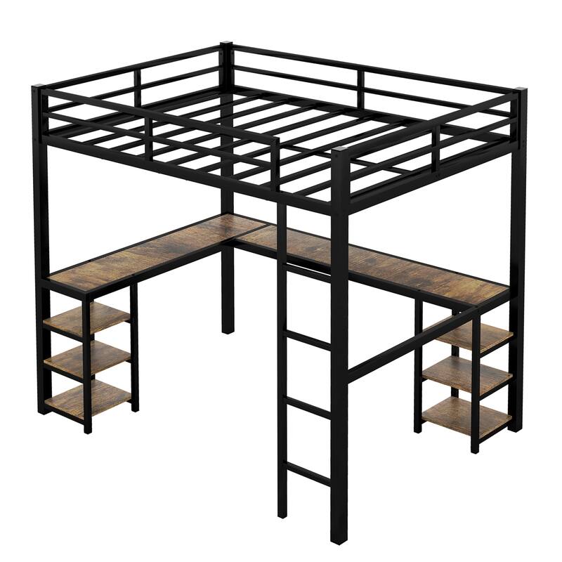 Full Metal Loft Bed with Desk, Shelves, Ladder, and Guardrails, Black Frame with Wood Desk