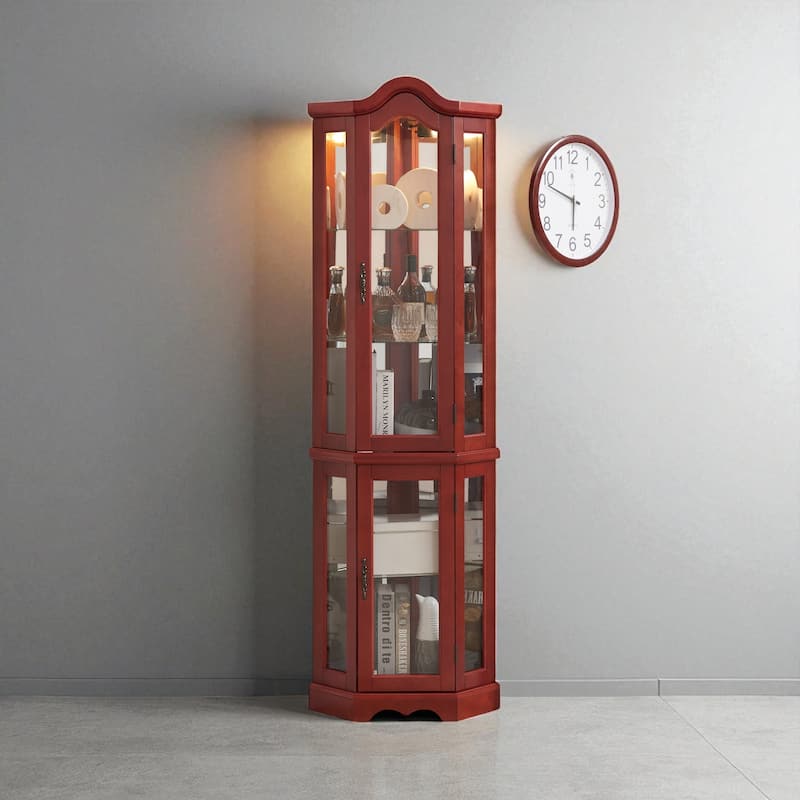 Lighted Corner Curio Cabinet with Tempered Glass Doors, Adjustable Shelves, Oak Finish Display Storage for Home Decor
