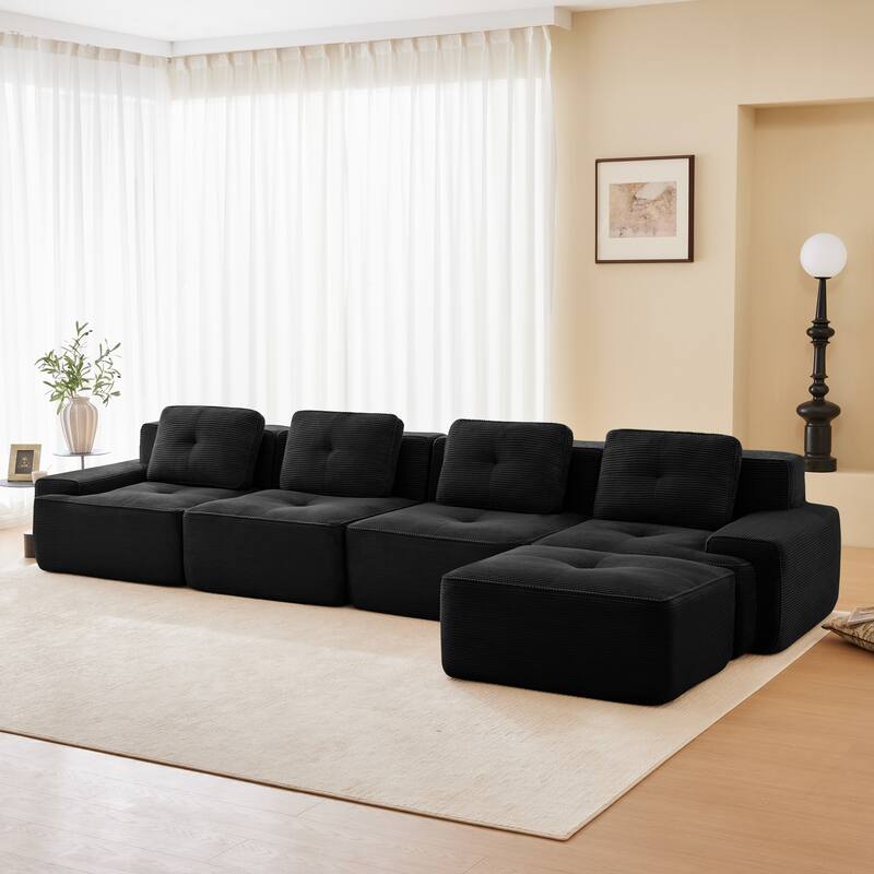 L-Shaped Sectional Couch with Ottoman, Oversized Modular Corduroy Sofa