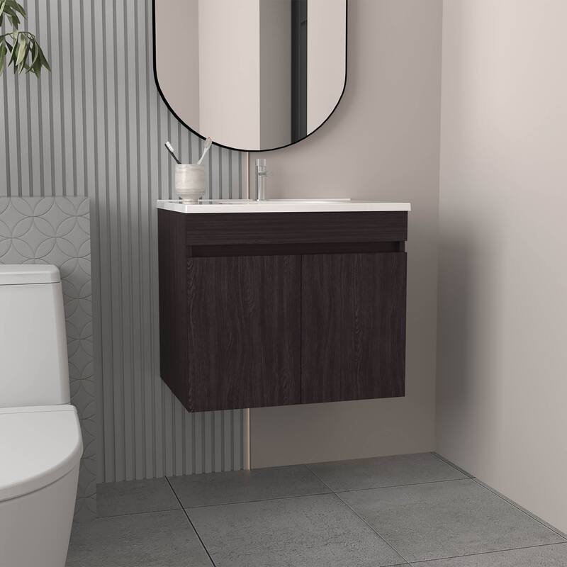 Bathroom Vanity with modern and sleek aesthetic., 2 Doors, 2 Shelves with engineered wood construction - Black