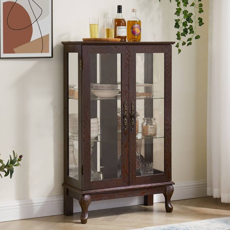 Vintage Lighted Display Cabinet with 2 Tempered Glass Doors and Adjustable Shelves