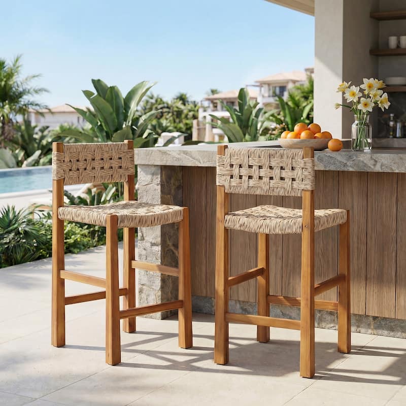 Christopher Knight Home - Modern Acacia Wood Outdoor Bar Stools with Teak Finish and Wicker Back Patio Chairs - Setof2_Open Basket Weave Back_Brown