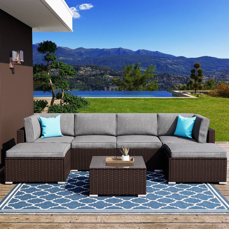 COSIEST 7-Piece Outdoor Patio Wicker Sectional Sofa with Coffee Table