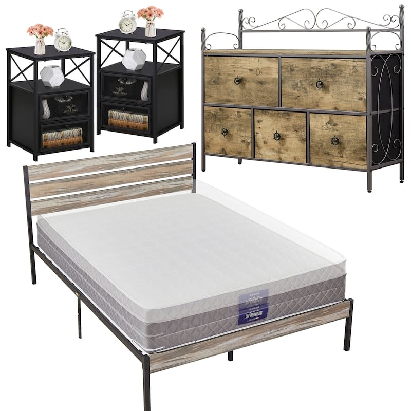4-Pieces Bedroom Set with Drawer and Nightstands Set of 2, 5-Drawer Dresser, Brown/Grey Set - Grey - Queen