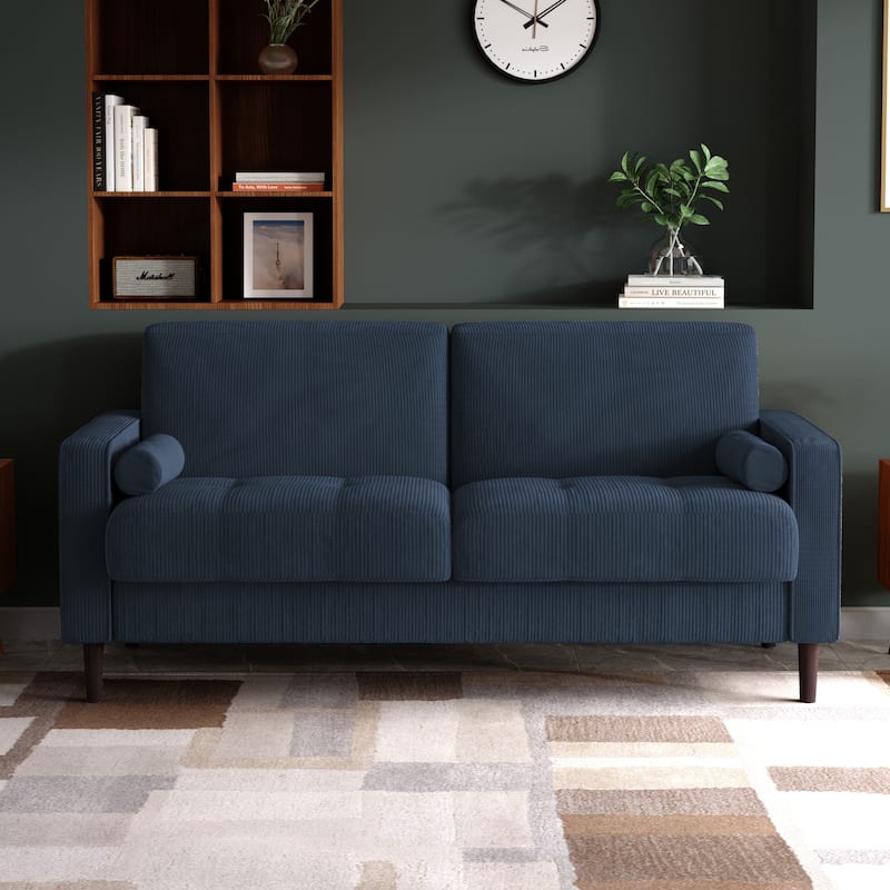 Modern Corduroy Upholstered 2 Seater Sofa with Bolster Pillows