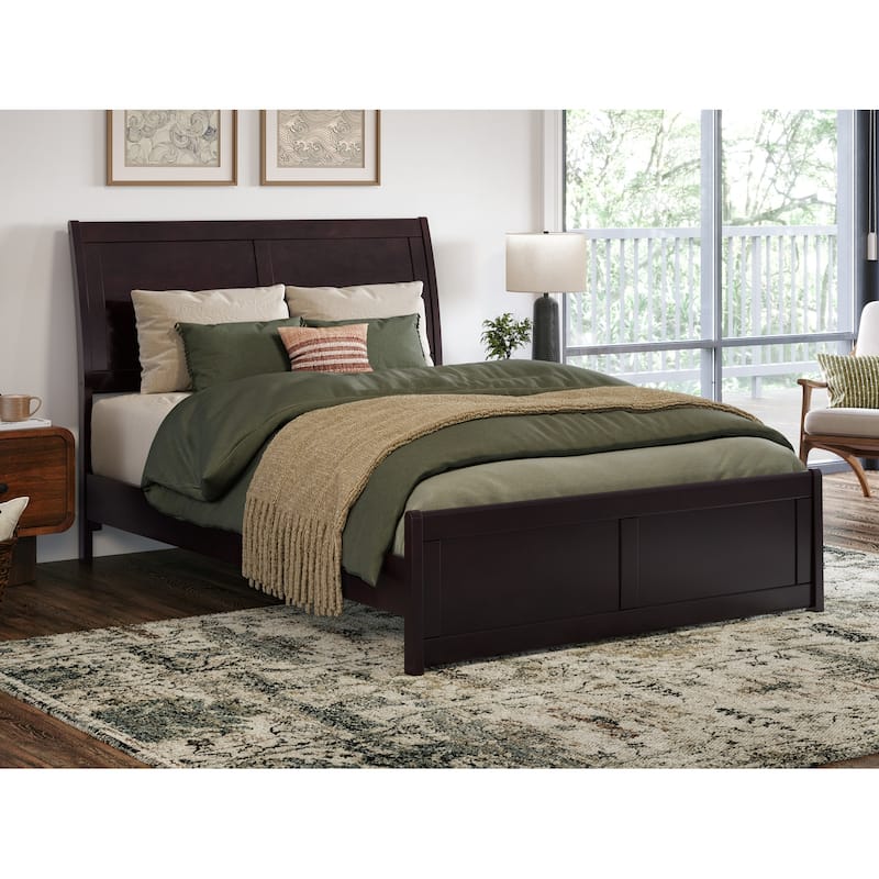 Valencia Solid Wood Low Profile Sleigh Platform Bed with Matching Footboard - Espresso - Full