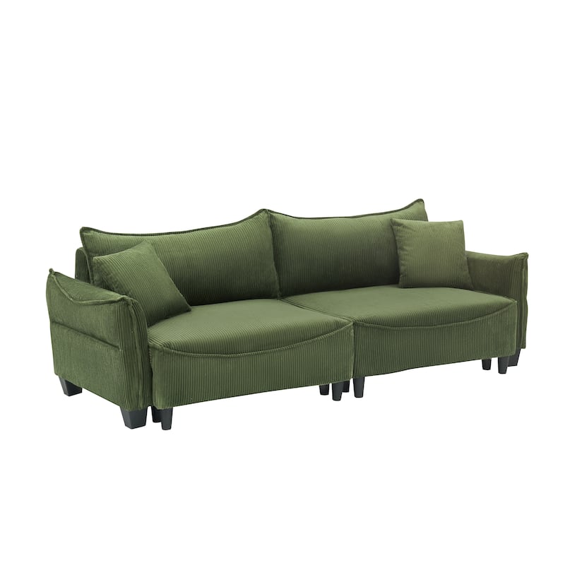 Sofa Showcasing Green Corduroy Fabric, Transformable into Sofa Bed with Two Throw Pillows
