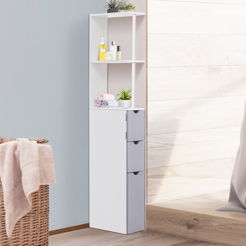 Bathroom Display Cabinet Corner Cabinet with Open Shelves, White Side Floor Storage Organizer with Drawers - White