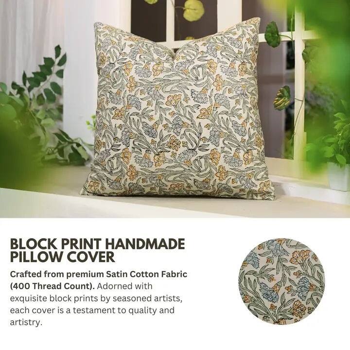 Fabdivine Satin Hidden Zipper Block Print Floral Throw Home or Room Decor, Throny Stem
