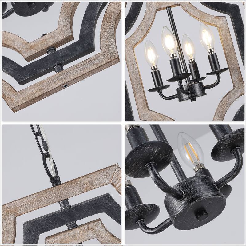 CurveCurio 18" Boho Adjustable Three-Tier Solid Wood Shade Pendant Light w 4 Lights, Austable Hanging Chain Chandelier