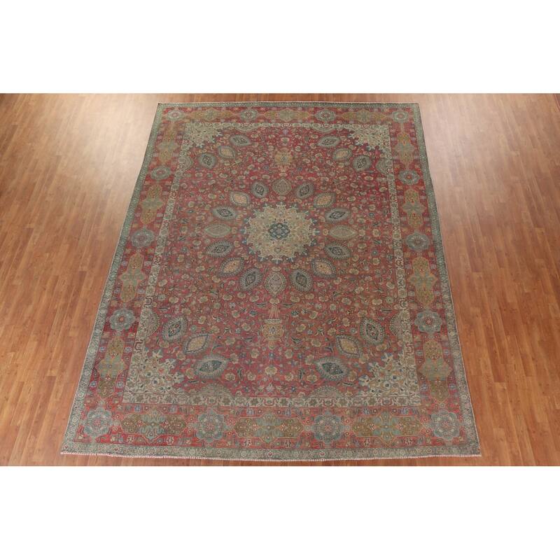 Hand Knotted Oriental 100% Wool Carpet Traditional Floral Pink Tabriz Area Rug - 12' 10'' X 9' 11''