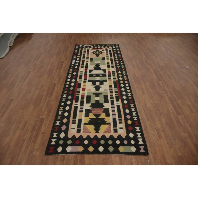 Hand Woven Oriental 100% Wool Carpet Southwestern Tribal Multi-Colored Kilim Runner Rug - 12' 3'' X 4' 4''