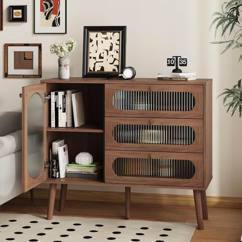 Accent Cabinet with 3 Drawers and Door, Wooden Storage Cabinet with Shelves, Sideboard for Living Room, Entryway, Natural