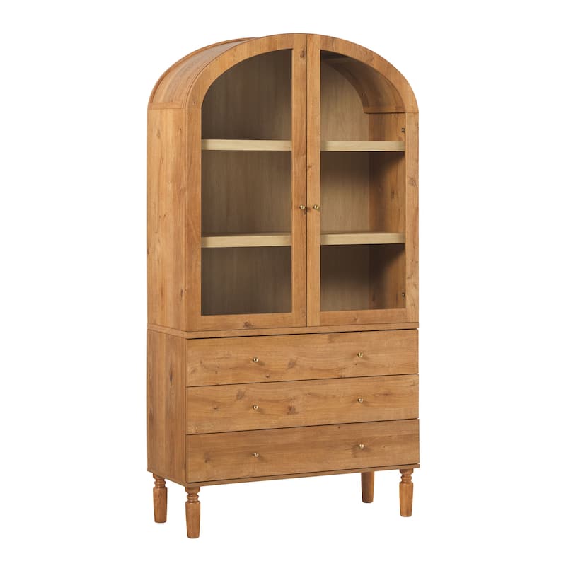 Walker Edison Modern Arched MDF Bookshelf Cabinet with Glass Doors - English Oak