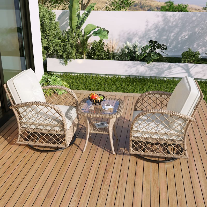 3-Piece Outdoor Chair Table Set Chat with Square Table & 2 Swiveling Chairs Set 2-person Rattan Seating Group for Garden