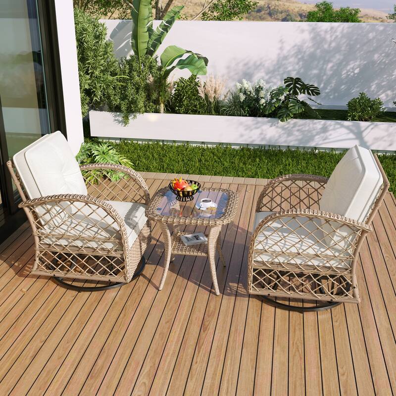 3-Piece Outdoor Rattan Seating Group with 2 Swivel Chairs & 1 Square Table