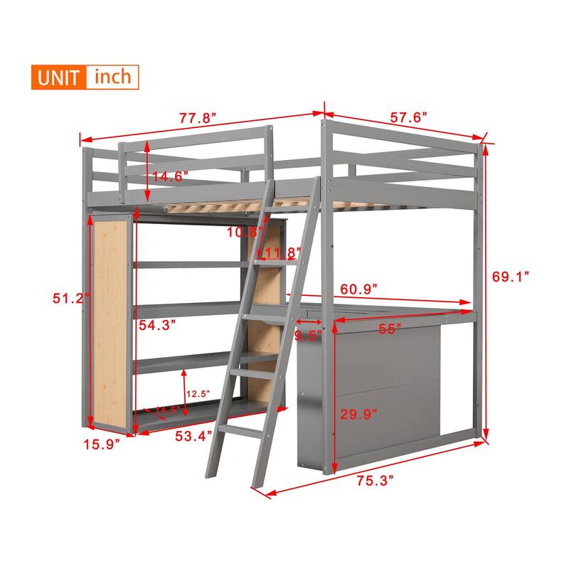 Wood Twin/Full Size Loft Bed with Built-in Desk and Shelves, Twin/Full Bedframe w/Full-Length Guardrails, for Kids Teens Adult