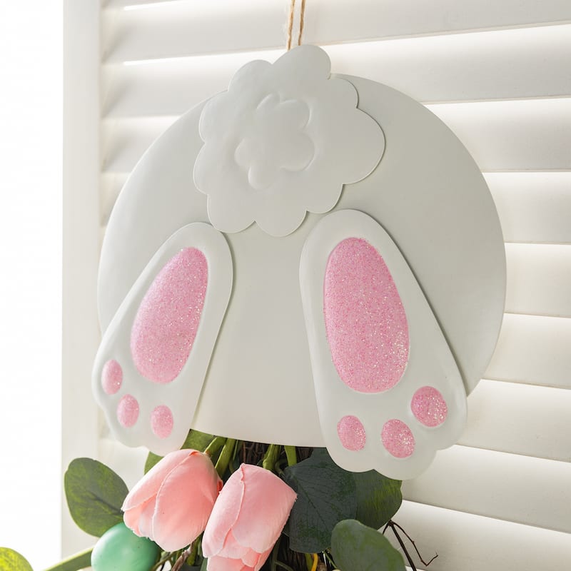 Glitzhome Easter Bunny Door Hanger with Eggs Tulip Teardrop Carrot Spring Wall Decor
