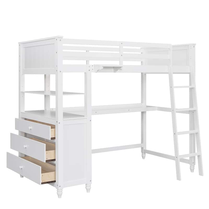 Twin Size Loft Bed Kids Bed Frame Wooden Storage Bed with Desk, Shelves, Pull-out Drawers, Ladder and Guardrail