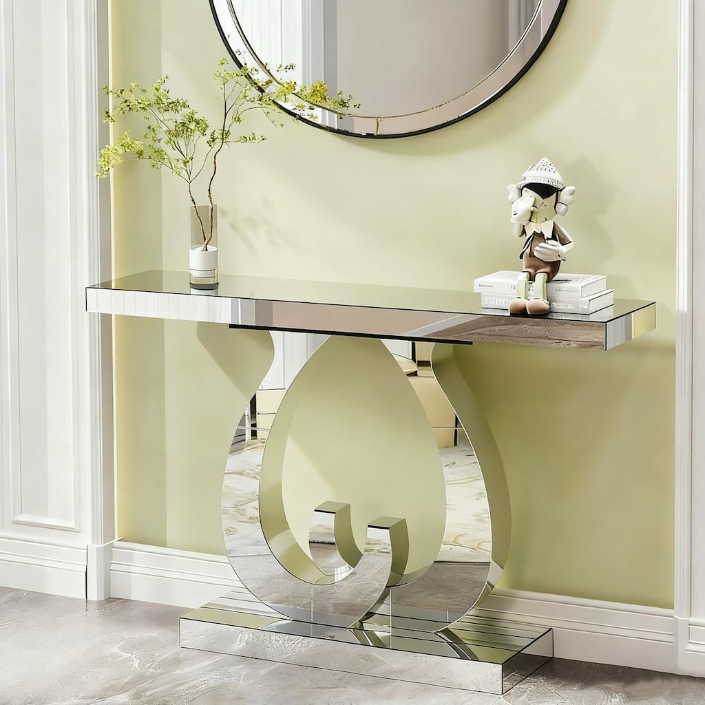 Mirror Side Table Glass Sofa Table With Mirror Effect Entrance Table Double C-shaped base, Rectangular Decoration Hall Table