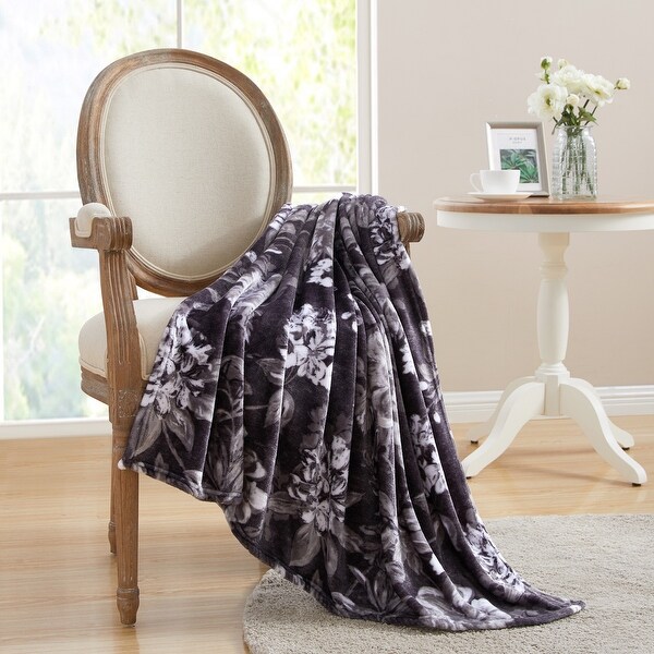 Asher Home Black and Grey Floral 50 x 60 inches Plush Throw