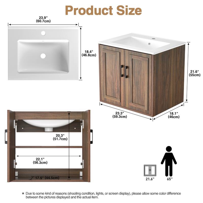 Anmytek 24'' Floating Bathroom Vanity Sink Combo Wall Mounted Cabinet with Soft Close Door