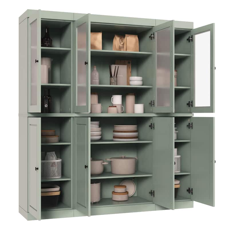 100% Solid Wood 65" Pantry China Cabinet with Solid, Frosted Glass Doors and Adjustable Shelves
