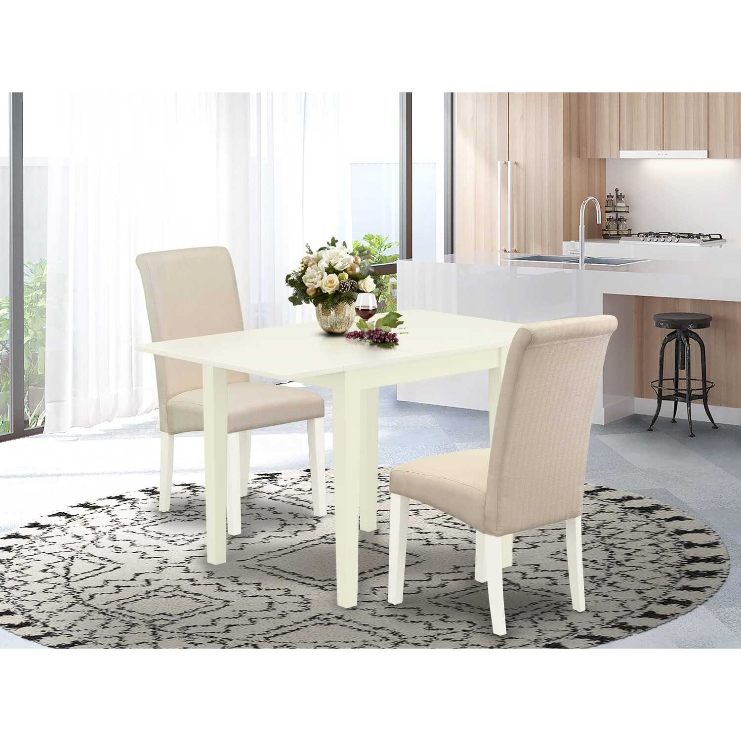 HomeStock 3-Piece Linen White Finish Solid Wood Top Dining Table Set
