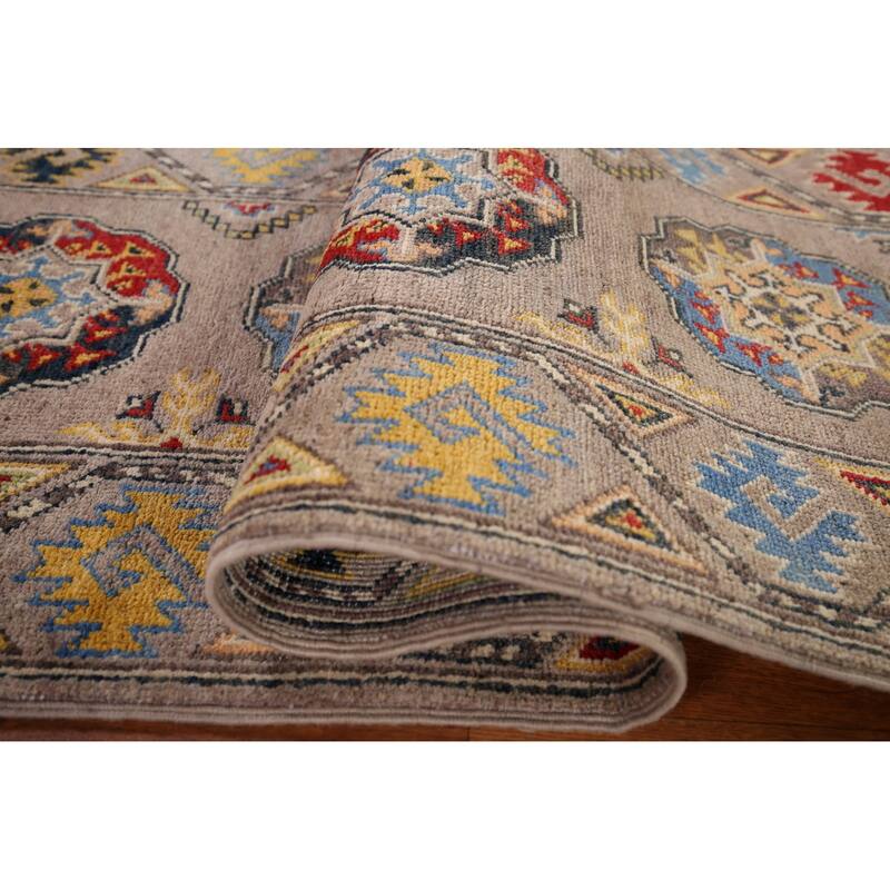 Geometric Brown Kazak Oriental Runner Rug Hand-Knotted Wool Carpet - 1'11" x 5'11"