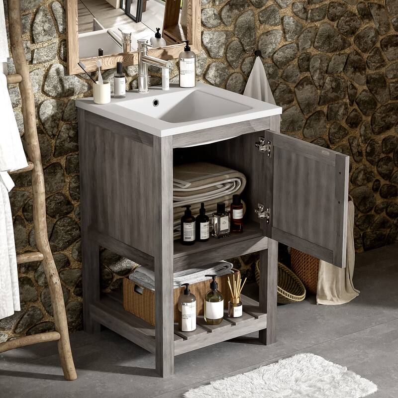 Roomfitters 16" Vanity with Ceramic Sink, Bathroom Cabinet with 1 Door and Open Shelf, Compact Storage for Small Space, Grey